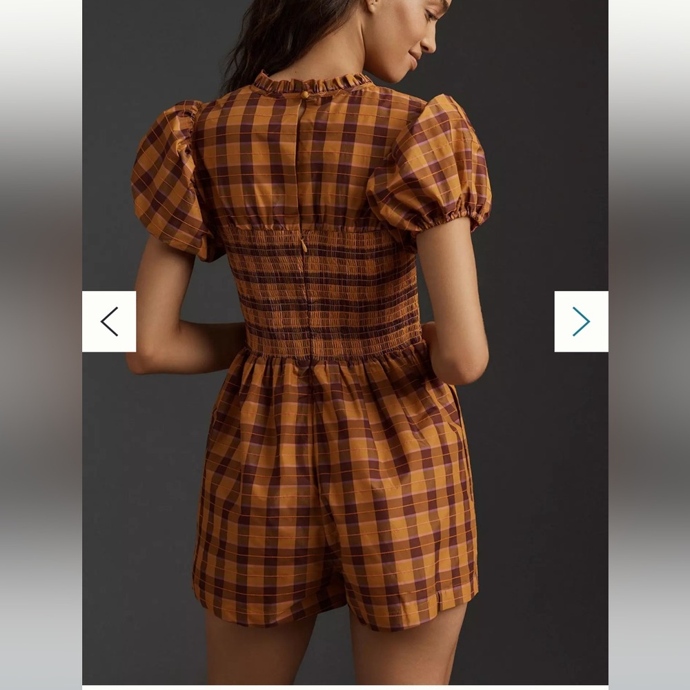 Maeve Orange and Brown Plaid Smocked Romper - Picture 2 of 6